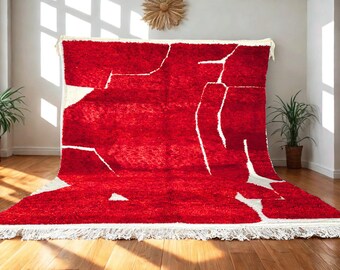 Handmade Red Moroccan Rug: Berber Wool Carpet, Abstract Boho Style