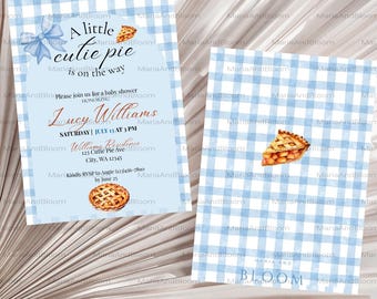 Editable A Little Cutie Pie is On The Way Baby Shower Invite, Cutie Pie on the Way Invite, Gender Neutral Invite, Blue Gingham, Ribbon, Pie