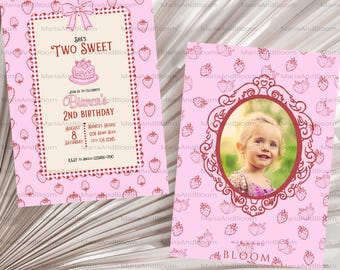Editable Two Sweet Birthday Invitation, Girl 2nd Birthday, Second Birthday, Strawberry Theme, Berry Theme, Pink, Bow, Too Sweet, Cute