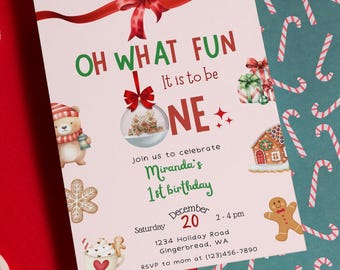Editable Oh What Fun it is to be One Birthday Invitation, Christmas Birthday, One Year Old Birthday Invitation, Holiday Birthday