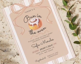 Edytowalne zaproszenie na baby shower „Bułka w piekarniku”, fantazyjne, neutralne pod względem płci zaproszenie na baby shower, do druku, baby shower z motywem ciasta, bułeczka cynamonowa