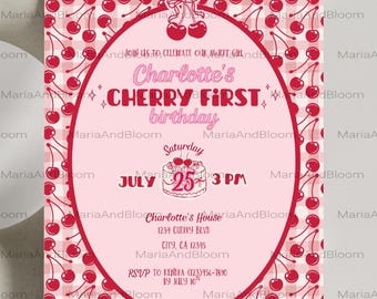 Editable Cherry First Birthday Invitation, Red Gingham, Girl Birthday, 1st Birthday Invite, Cherry 1st Invite, Bow, Retro, Boho, Cherries