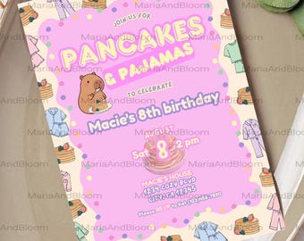 Editable Pancakes and Pajamas Birthday Invitation, Pajama Birthday Brunch Invite, Pancake Sleepover Party, Girl Birthday, Capybara, Cute