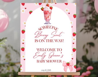Cartello di benvenuto per baby shower "Qualcuno dolce come le bacche sta arrivando" modificabile, baby shower dolce come le bacche, tema fragola, baby shower alle bacche
