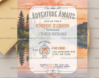Editable Adventure Awaits Retirement Invitation, Adventure Awaits, Retirement Party, Travel Theme, Adventure Retirement, Travel Retirement