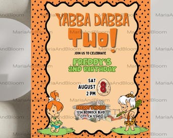 Editable Yabba Dabba TWO Birthday Invitation, Flinstone's Themed, Flinestone's Birthday Invite, 2nd Birthday Invite, Second Birthday, Dino