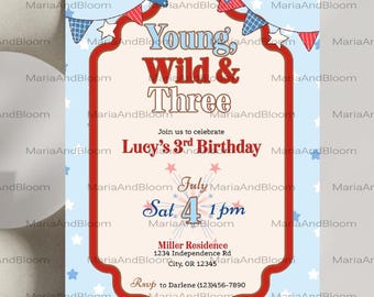 Editable Young Wild and THREE Birthday Invitation, 3rd Birthday Invite, 4th of July Birthday, Third Birthday Party Invite, Fireworks