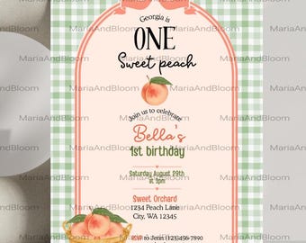 Editable She's One Sweet Peach Birthday Invitation, One Sweet Peach Invite, Peach Birthday Invite, Girl Birthday, 1st Birthday