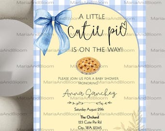 Editable A Little Cutie Pie is On The Way Baby Shower Invite, Cutie Pie on the Way Invite, Gender Neutral Invite, Blue Gingham, Ribbon, Pie