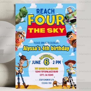 Editable Reach FOUR the Sky Birthday Invitation, Toy Story 4th Birthday Invite, Toy Story, 4th Birthday Invite, Digital, Printable Invite