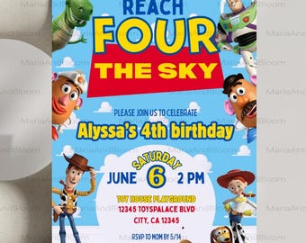 Editable Reach FOUR the Sky Birthday Invitation, Toy Story 4th Birthday Invite, Toy Story, 4th Birthday Invite, Digital, Printable Invite