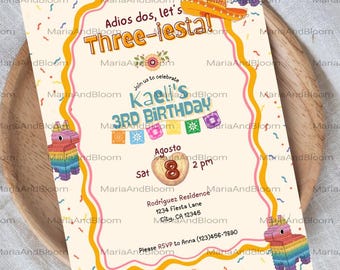 Editable Adios Dos, Let's Three-iesta Birthday Invitation, 3rd Birthday Fiesta Invite, Fiesta Invite, Mexican Party, Pinata Party, Colorful