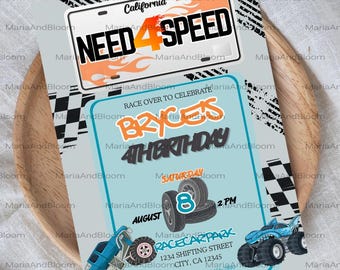 Editable Need FOUR Speed Birthday Invitation, 4th Birthday Invite, Racing Invite, Monster Truck Invite, Trucks Birthday, Monster Jam