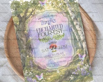 Editable Enchanted FOURest Birthday Invitation, 4th Birthday Invite, Magical Birthday, Whimsical Birthday, Woodland Theme, FOUR-est, Magic