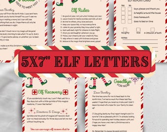 May include: A collection of 5x7 inch Elf Letters with a festive Christmas design. The cards feature elf-themed illustrations and text, including elf feet, a compass, and phrases like "Hello," "Elf Rules," and "Goodbye." The borders are red and white striped.