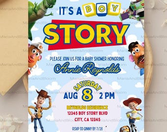 Editable It's a Boy Story Baby Shower Invitation, Boy Story Invite, Toy Story, Clouds, Boy Baby Shower, It's a Boy Invite, Blue, Yellow, Red