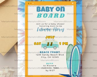 Editable Baby on Board Baby Shower Invitation, Surf Beach Baby Invite, Surf Board, Beach Theme Baby Shower, Hippie Van, Baby on Board