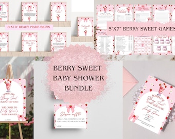 Editable Someone Berry Sweet is On The Way Baby Shower Bundle, Berry Sweet Baby Shower Bundle, Pink Bow, Strawberry Baby Shower, Pink, Girly