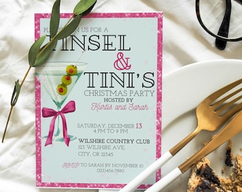 May include: A festive invitation for a Christmas party. The invitation features a martini glass with olives, a pink bow, and the text "Tinsel & Tini's Christmas Party." The invitation is framed with a pink glitter border and includes event details.