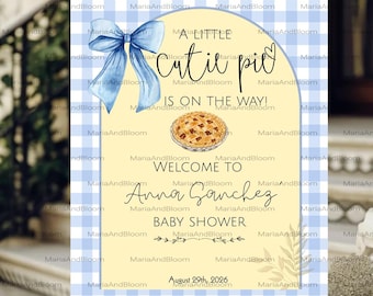 Editable A Little Cutie Pie is On The Way Baby Shower Welcome Sign, Cutie Pie Baby Shower, Pie Themed Baby Shower, Blue, Gingham, Decor, Bow