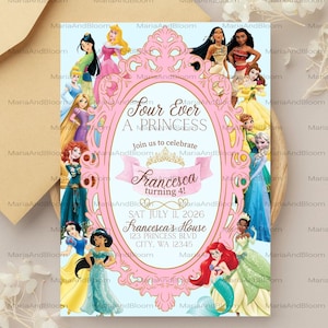 May include: A light pink invitation card with a princess theme. The card features a pink oval frame with princess illustrations and text that reads "Four Ever A Princess". The invitation is for Francesca's 4th birthday.