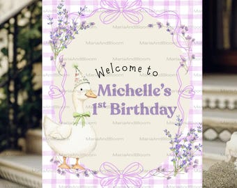 Editable Silly Goose Welcome Sign, Birthday Welcome Sign, Lavender, Purple Gingham, First Birthday, 1st Birthday Banner, Birthday Decor