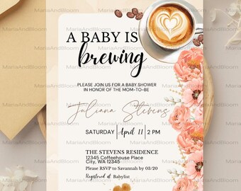 Editable A Baby is Brewing Baby Shower Invitation, Coffee Inspired Invite, Gender Neutral, Coffee, Brewing Baby, Floral, Pink, Coffee Beans