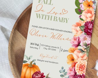 Invito per baby shower a tema "Innamoramento" modificabile, Invito "Innamoramento", Invito per baby shower autunnale, Invito per baby shower a tema zucca autunnale