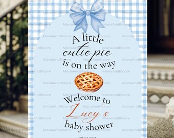 Editable A Little Cutie Pie is on the way Baby Shower Welcome Sign, Cutie Pie Baby Shower, Pie Themed Baby Shower, Blue, Gingham, Decor, Bow