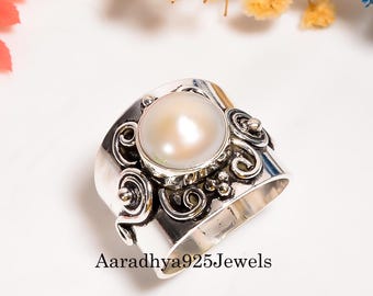 Handmade Pearl Sterling Silver Wide Band Ring: Statement Design