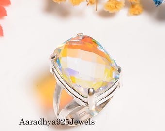 Handcrafted Angel Aura Quartz Ring: 925 Sterling Silver Boho Band