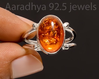 Handmade Baltic Amber Gemstone Ring: 925 Sterling Silver Statement Ring