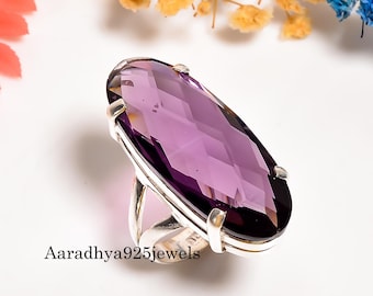 Handmade Large Oval Amethyst Ring: 925 Sterling Silver Prong Setting