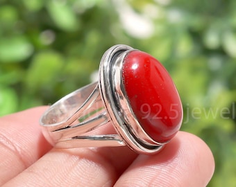 Handmade Sterling Silver Red Coral Ring – Dainty Oval Gemstone Band