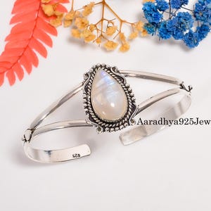 Rainbow Moonstone Bangle - Handmade 925 Sterling Silver Boho Cuff