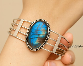 Brazalete tipo brazalete de labradorita hecho a mano: Pulsera ajustable de plata de ley 925