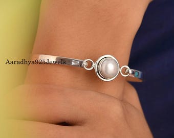 Handmade Pearl Bangle | Dainty 925 Sterling Silver Cuff