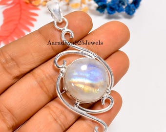 Handmade Sterling Silver Rainbow Moonstone Pendant - Elegant Filigree Design