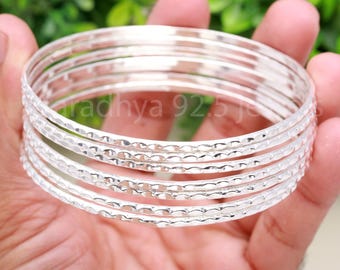 Hammered Sterling Silver Bangle Set: Stackable Boho Bangles