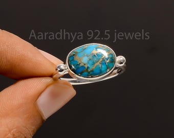 Blue Copper Turquoise Ring: Hammered Sterling Silver Band, Handmade