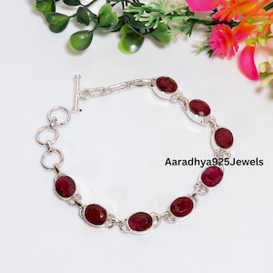 Pulsera ovalada de rubí y plata de ley, delicada joyería de cadena para regalo.