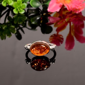 Oval honungsbärnstensring, 925 sterlingsilver, handgjorda smycken