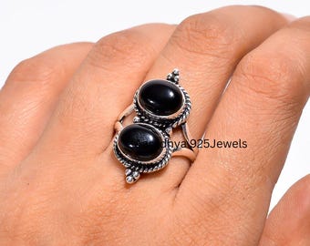 Natuurlijke zwarte onyx Toi Et Moi ring – Sterling zilveren bypass gotische boho sieraden