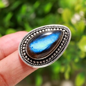 Blue Flash Pear Labradorite Ring: Bohemian 925 Sterling Silver