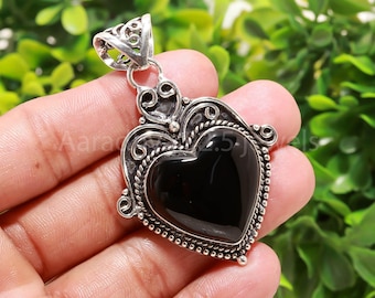Heart Black Onyx Pendant: 925 Sterling Silver Dainty Design