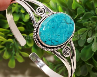 Green Turquoise Sterling Silver Bangle: Adjustable Handmade Bracelet