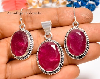 Handmade Ruby Gemstone Earring and Pendant Set: 925 Sterling Silver