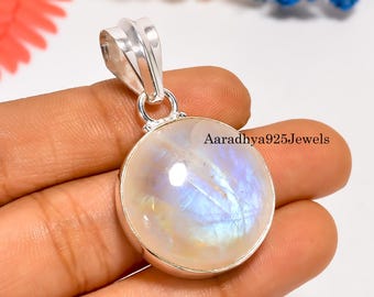 Rainbow Moonstone Pendant | Round Sterling Silver Handmade Jewelry