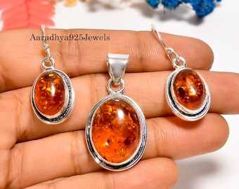 Baltic Amber Jewelry Set: Sterling Silver Earrings and Pendant, Handmade