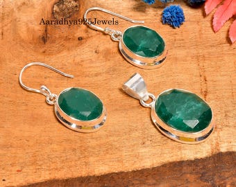 Set di gioielli in argento sterling 925 con smeraldo: orecchini e ciondolo boho fatti a mano